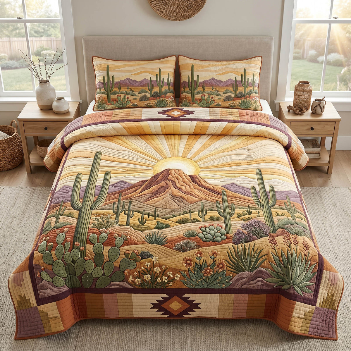 Cactus Trail Cowboy quilted 3-piece bedding set on a made bed with two matching pillow shams