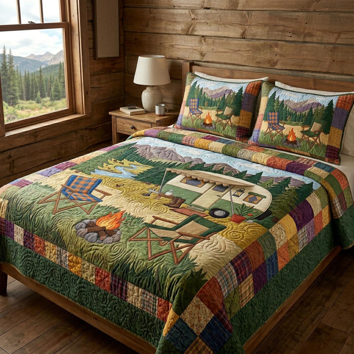 Camp Life Campers quilted 3-piece bedding set on a made bed with two matching pillow shams