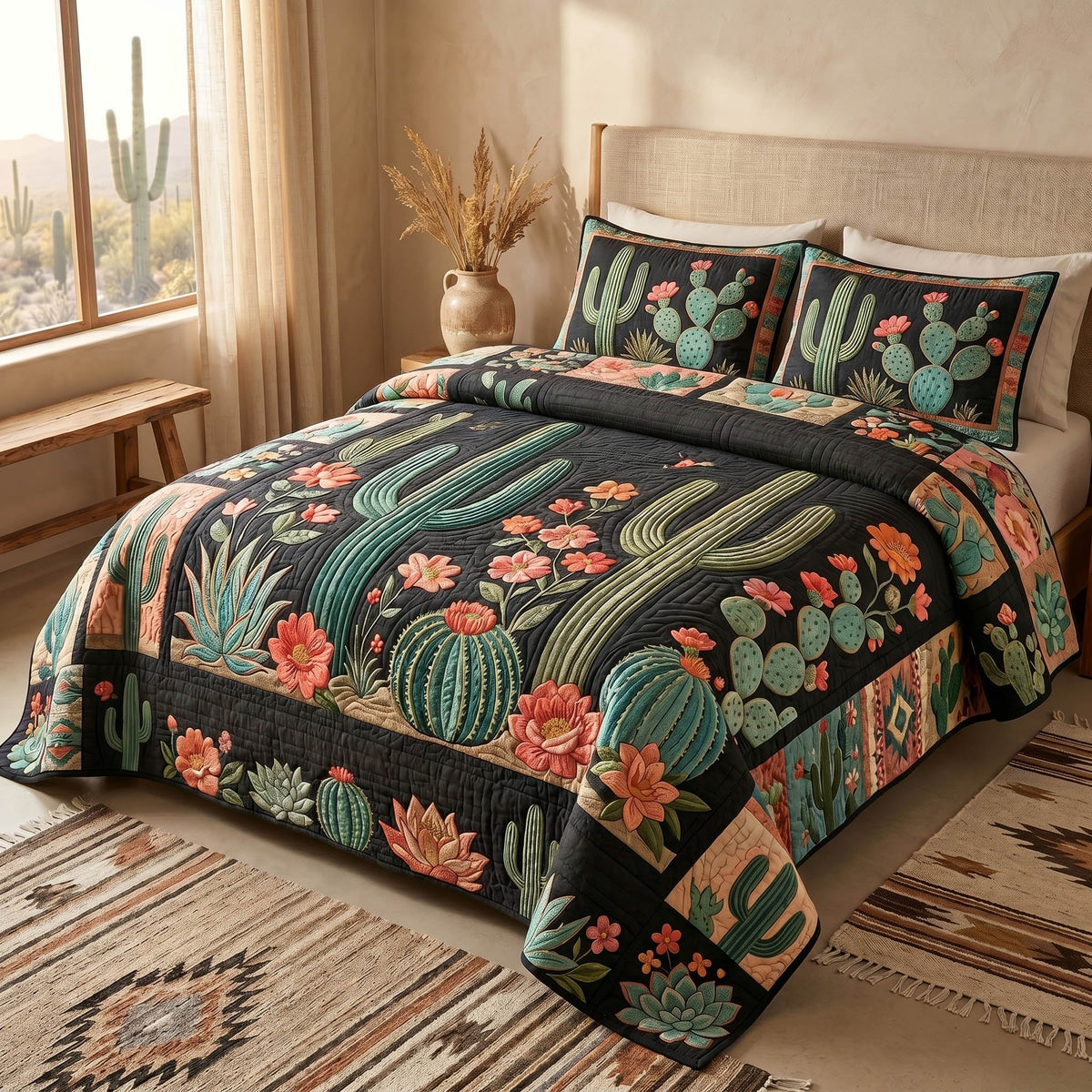 Canyon Bloom Cactus quilted 3-piece bedding set on a made bed with two matching pillow shams