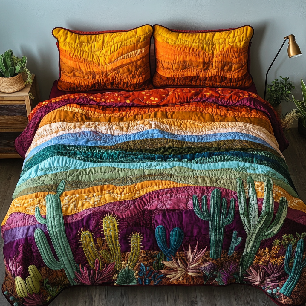 Canyon Charm quilted 3-piece bedding set on a made bed with two matching pillow shams