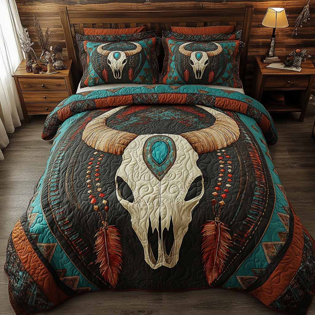 Canyon Emblem quilted 3-piece bedding set on a made bed with two matching pillow shams