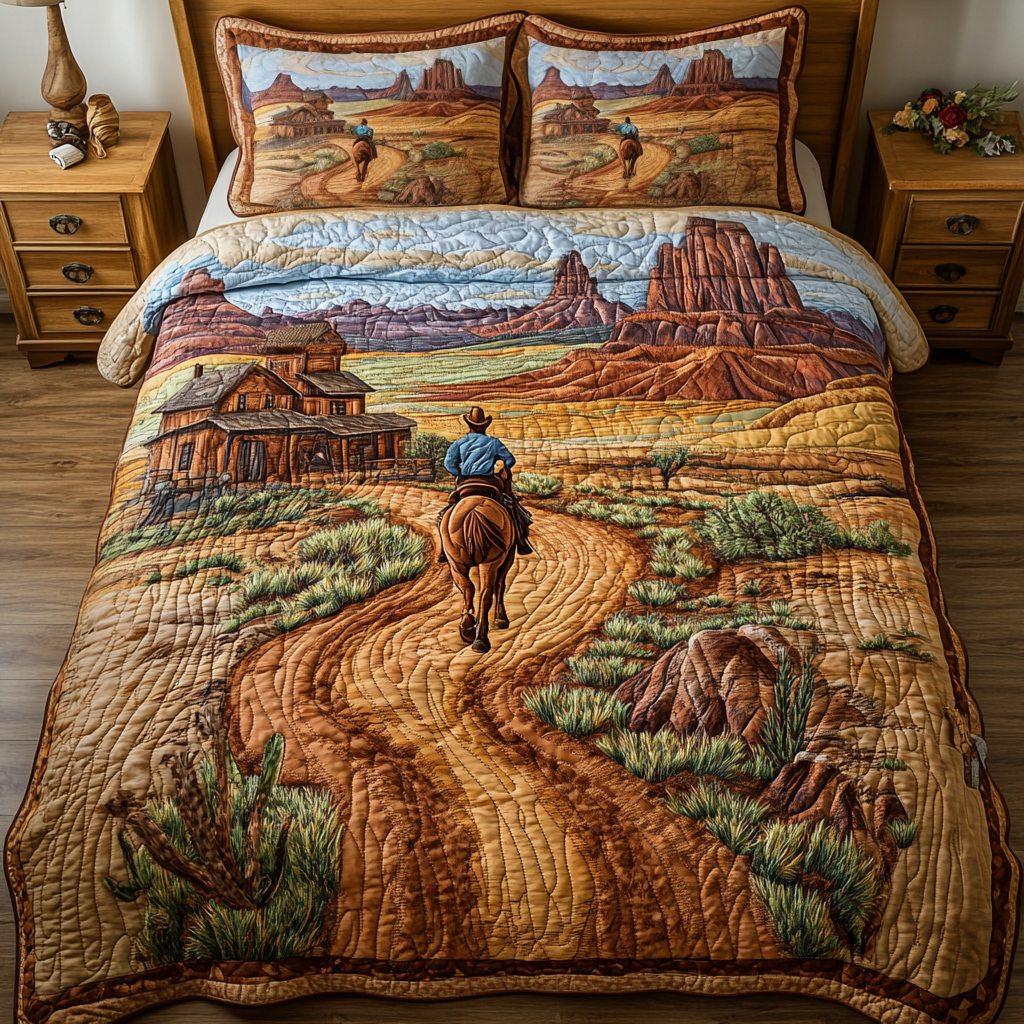 Canyon Sunset quilted 3-piece bedding set on a made bed with two matching pillow shams