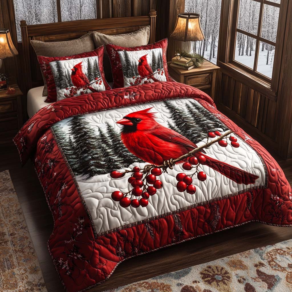 Cardinal Dreams Animal quilted 3-piece bedding set on a made bed with two matching pillow shams