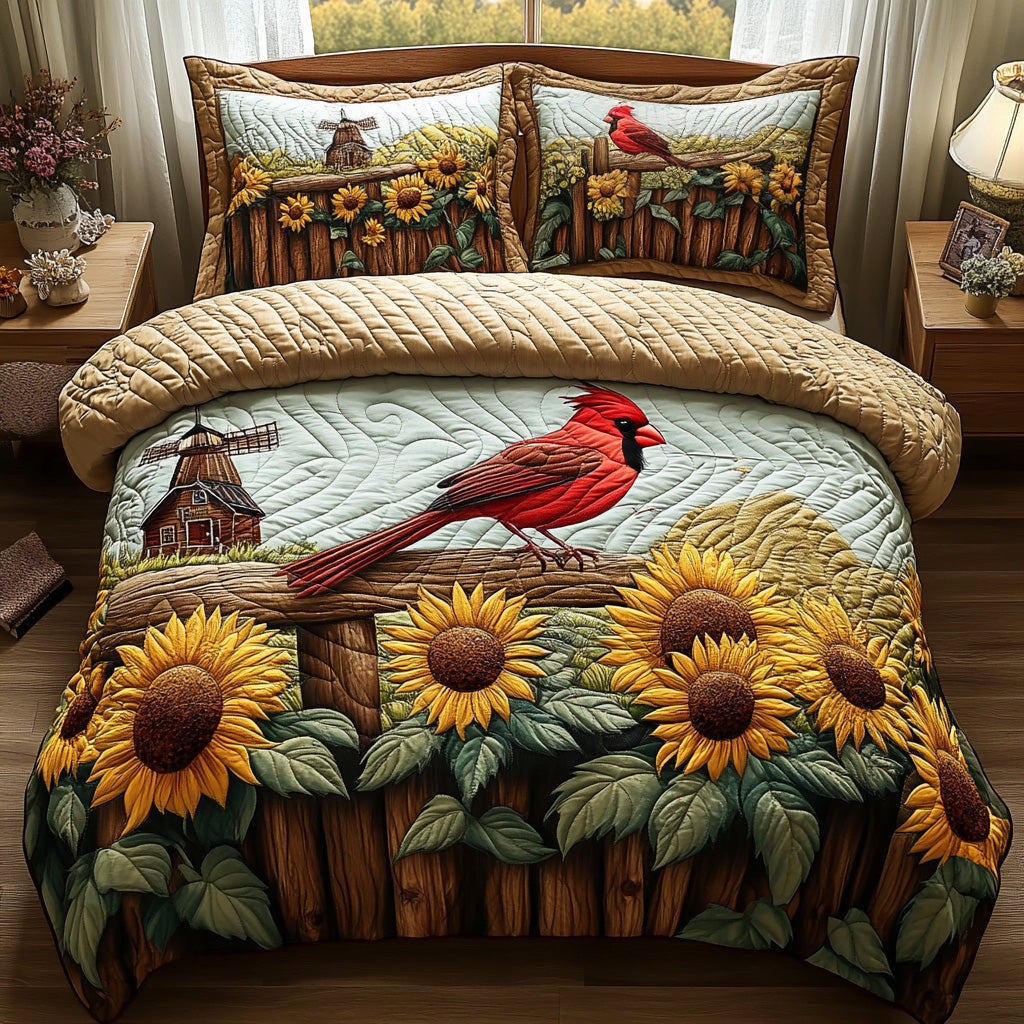 Cardinal Meadow Animal quilted 3-piece bedding set on a made bed with two matching pillow shams