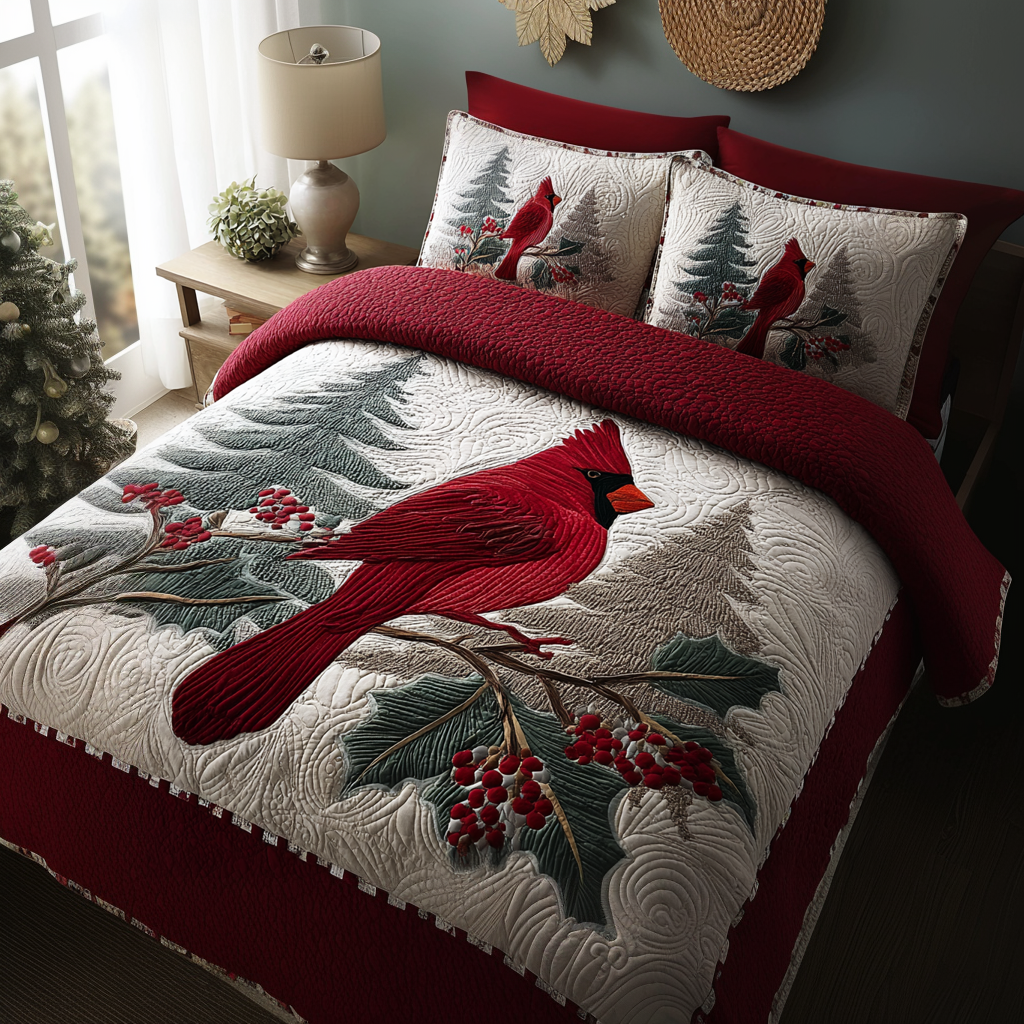 Cardinal Whisper Animal quilted 3-piece bedding set on a made bed with two matching pillow shams