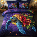 Celestial Bloom Turtle quilted 3-piece bedding set on a made bed with two matching pillow shams