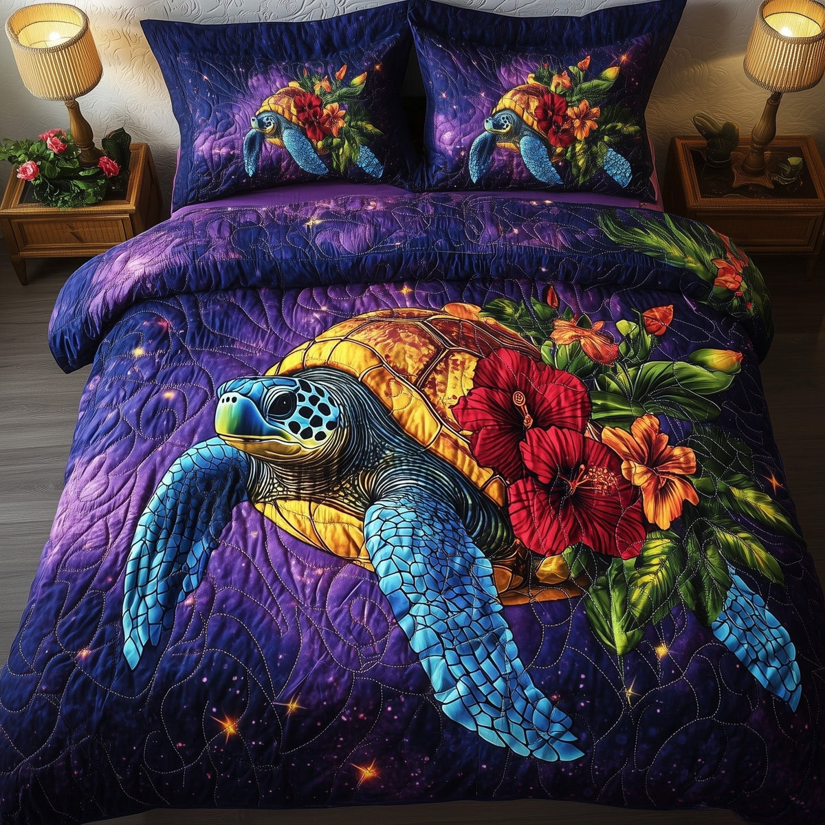 Celestial Bloom Turtle quilted 3-piece bedding set on a made bed with two matching pillow shams