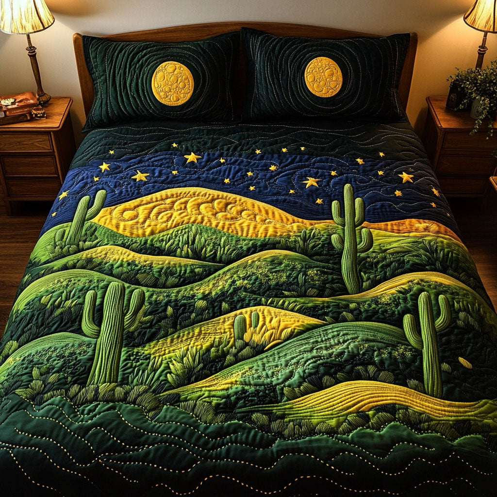 Celestial Cacti quilted 3-piece bedding set on a made bed with two matching pillow shams