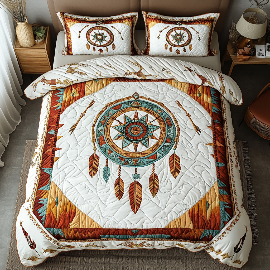 Celestial Dreams Bedspreads quilted 3-piece bedding set on a made bed with two matching pillow shams
