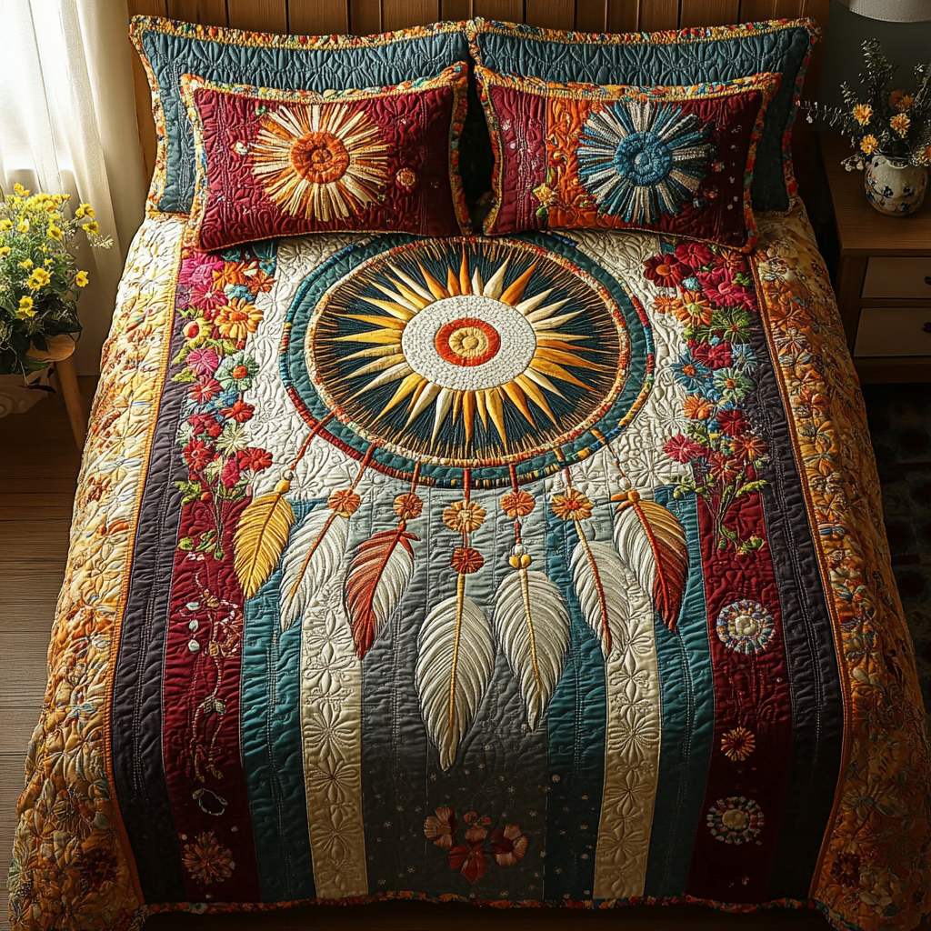 Celestial Dreams Boho quilted 3-piece bedding set on a made bed with two matching pillow shams