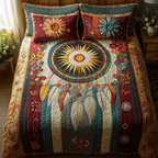Celestial Dreams Boho quilted 3-piece bedding set on a made bed with two matching pillow shams