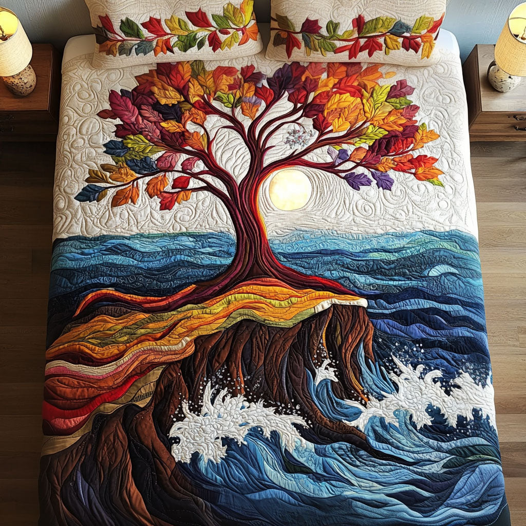 Celestial Tree Tree Of Life quilted 3-piece bedding set on a made bed with two matching pillow shams