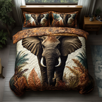 Charcoal Elephant Majesty quilted 3-piece bedding set on a made bed with two matching pillow shams