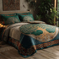 Charcoal Eternal Roots quilted 3-piece bedding set on a made bed with two matching pillow shams