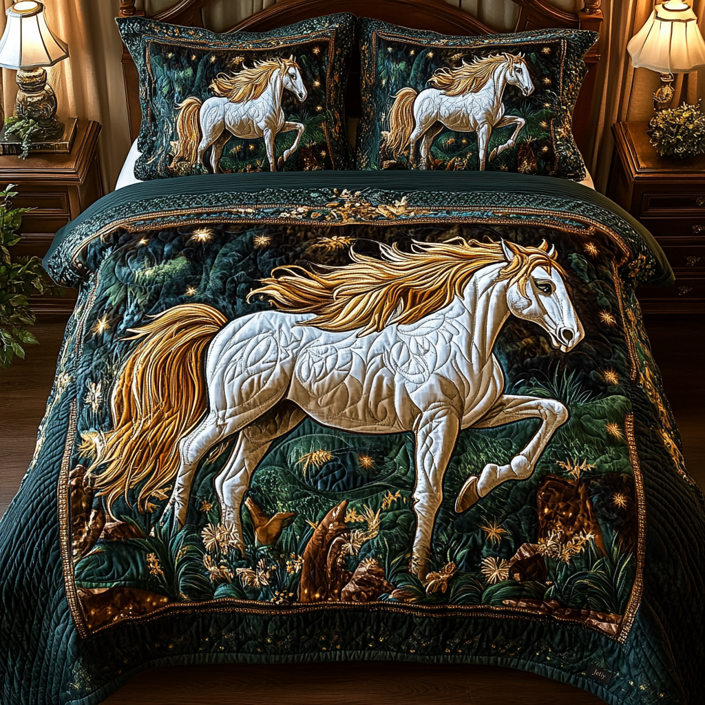 Charcoal Majestic Mane quilted 3-piece bedding set on a made bed with two matching pillow shams