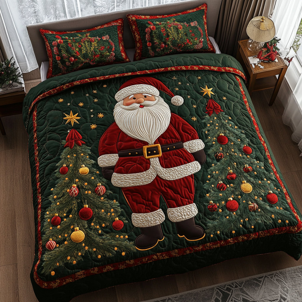 Charcoal Santa Dreams quilted 3-piece bedding set on a made bed with two matching pillow shams