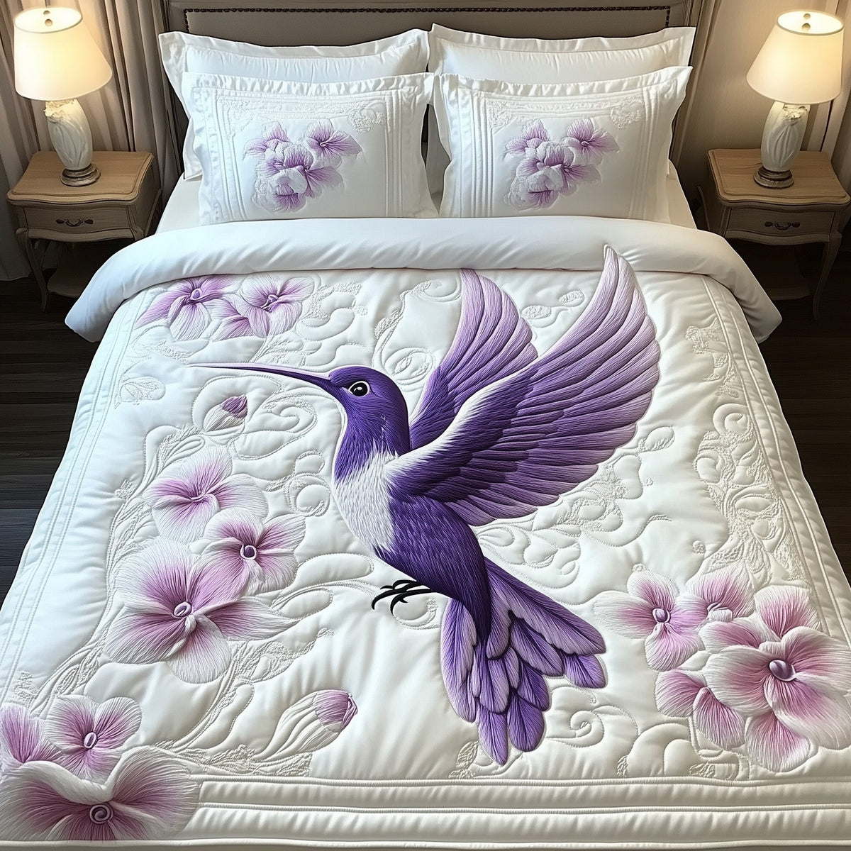 Charming Hummingbird quilted 3-piece bedding set on a made bed with two matching pillow shams