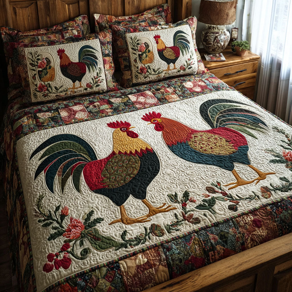 Chicken Moments quilted 3-piece bedding set on a made bed with two matching pillow shams
