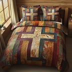 Christian Cross Blessings quilted 3-piece bedding set on a made bed with two matching pillow shams