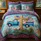 Christian Cross Bloom quilted 3-piece bedding set on a made bed with two matching pillow shams