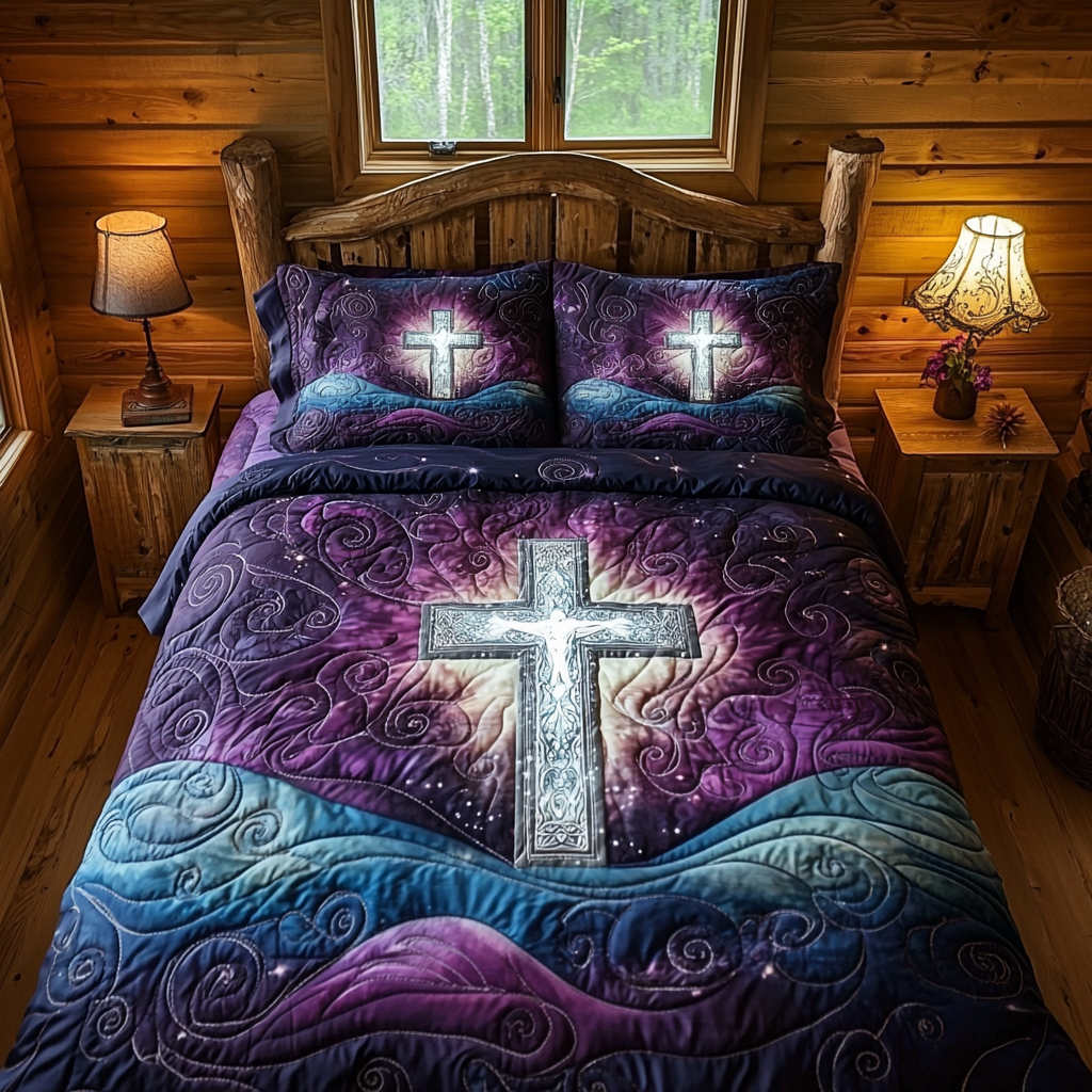Christian Cross Grace quilted 3-piece bedding set on a made bed with two matching pillow shams