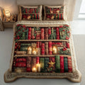 Christmas Bookshelf quilted 3-piece bedding set on a made bed with two matching pillow shams