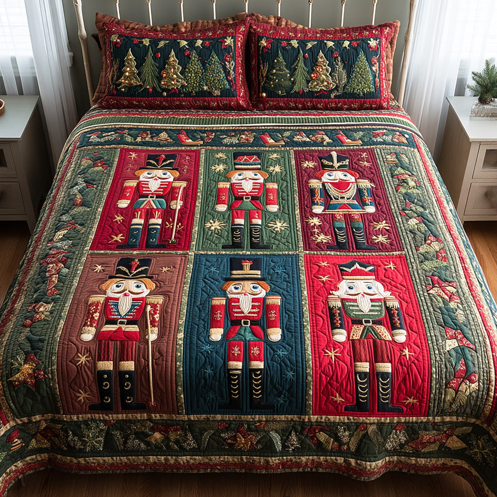 Christmas Guard quilted 3-piece bedding set on a made bed with two matching pillow shams