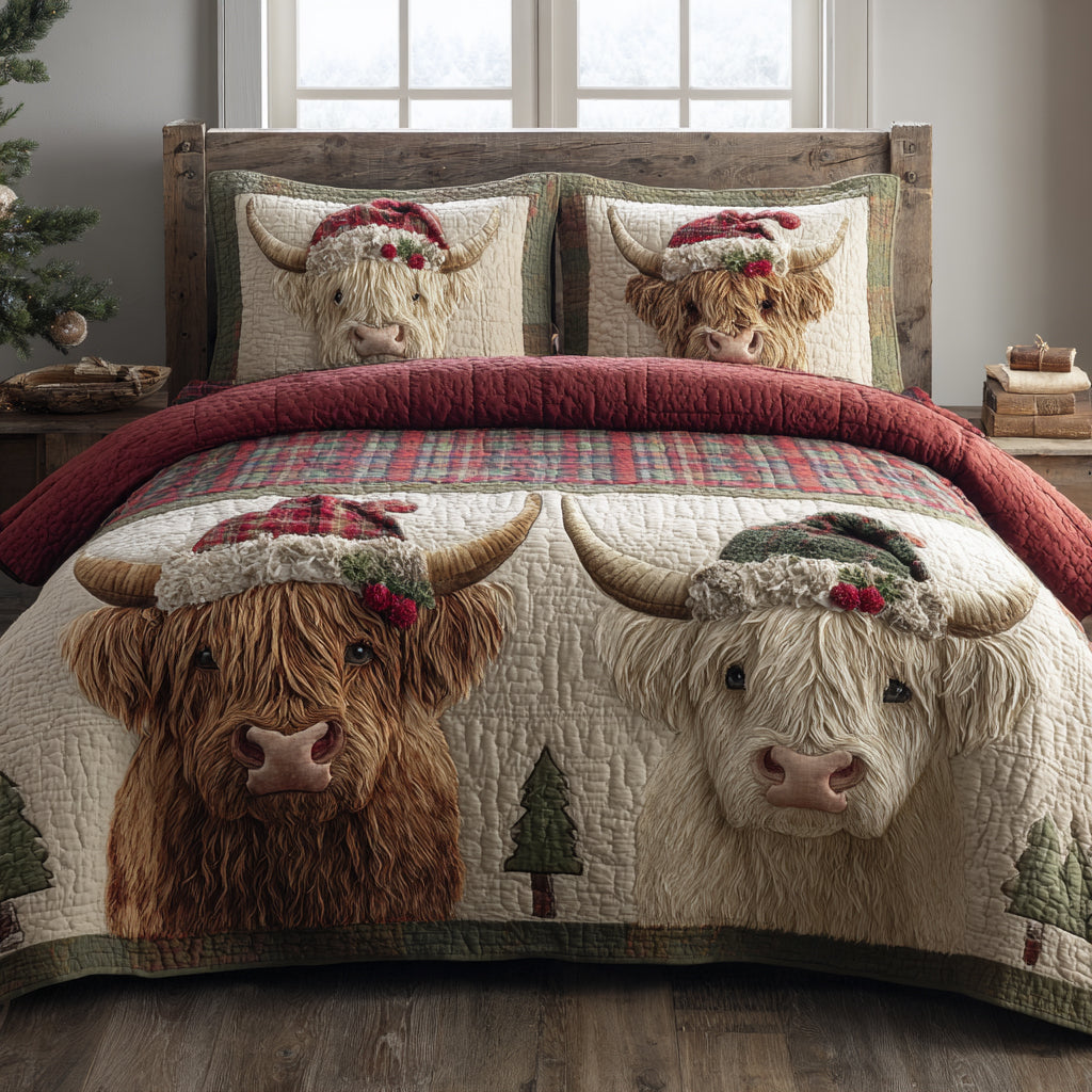 Christmas Highland quilted 3-piece bedding set on a made bed with two matching pillow shams