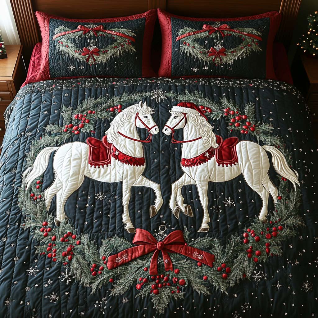 Christmas Horses Wreath quilted 3-piece bedding set on a made bed with two matching pillow shams