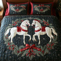 Christmas Horses Wreath quilted 3-piece bedding set on a made bed with two matching pillow shams