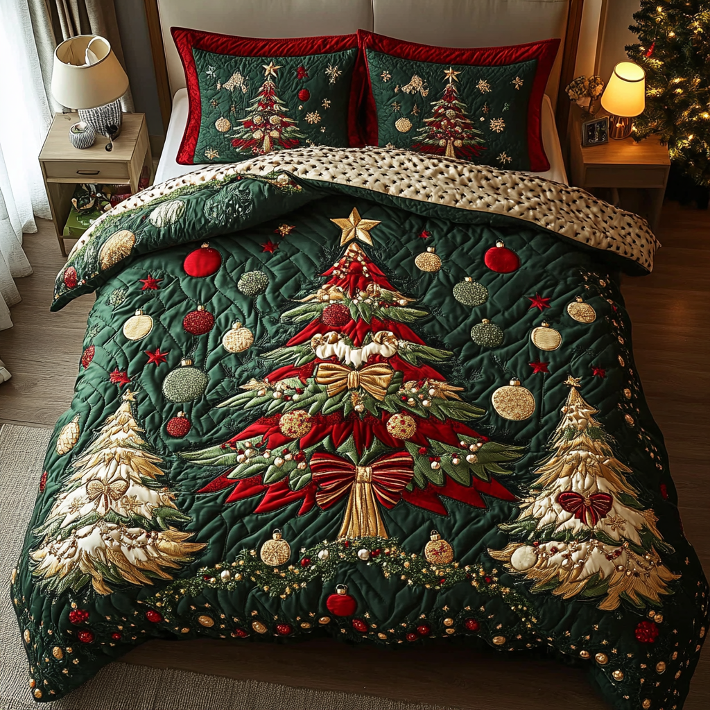 Christmas Magic quilted 3-piece bedding set on a made bed with two matching pillow shams