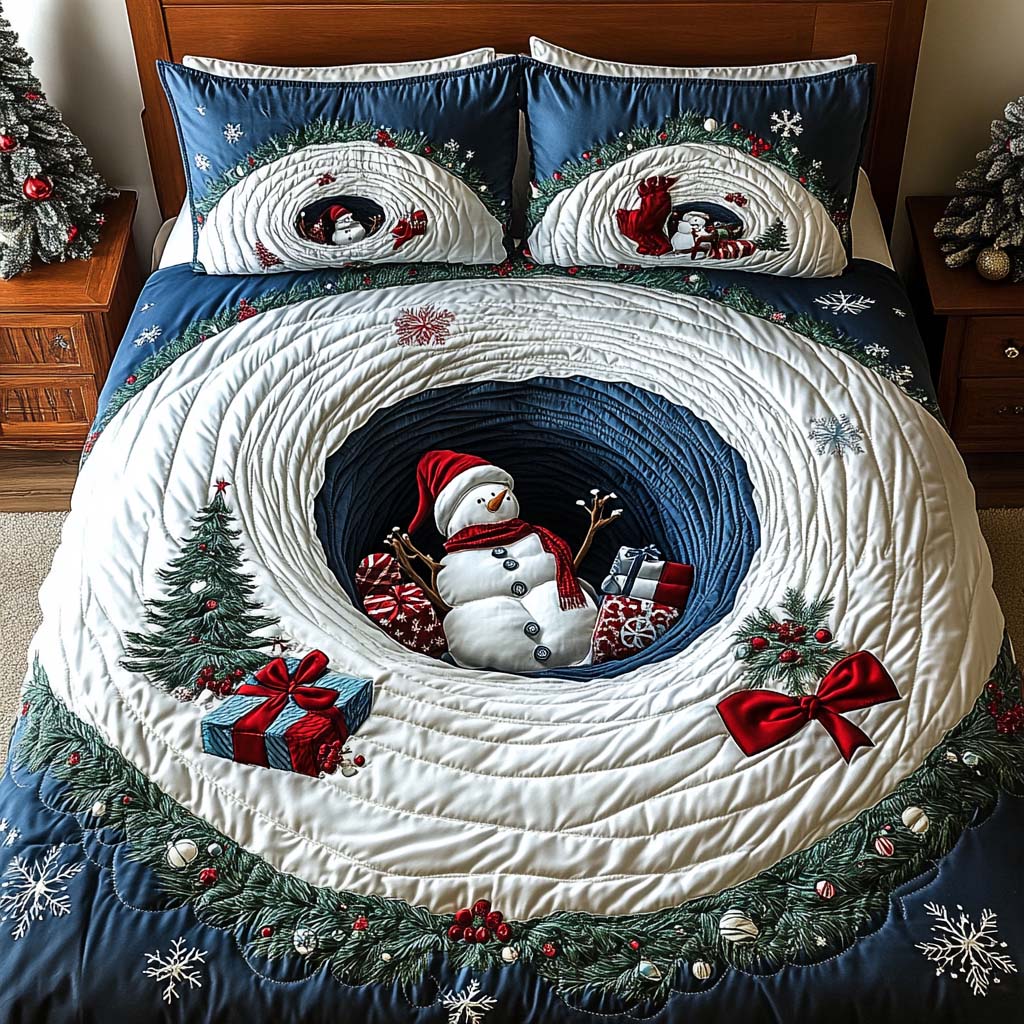 Christmas Portal quilted 3-piece bedding set on a made bed with two matching pillow shams
