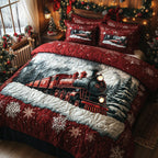 Christmas Railways quilted 3-piece bedding set on a made bed with two matching pillow shams