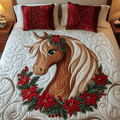 Christmas Spirit Pony quilted 3-piece bedding set on a made bed with two matching pillow shams