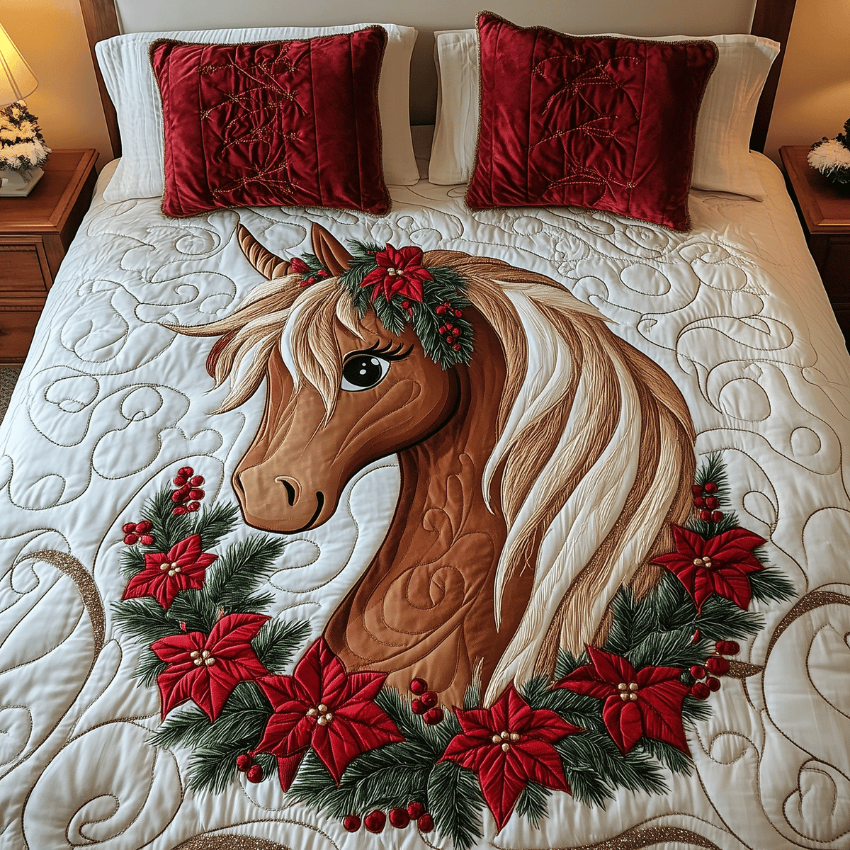 Christmas Spirit Pony quilted 3-piece bedding set on a made bed with two matching pillow shams