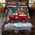 Christmas Truck quilted 3-piece bedding set on a made bed with two matching pillow shams