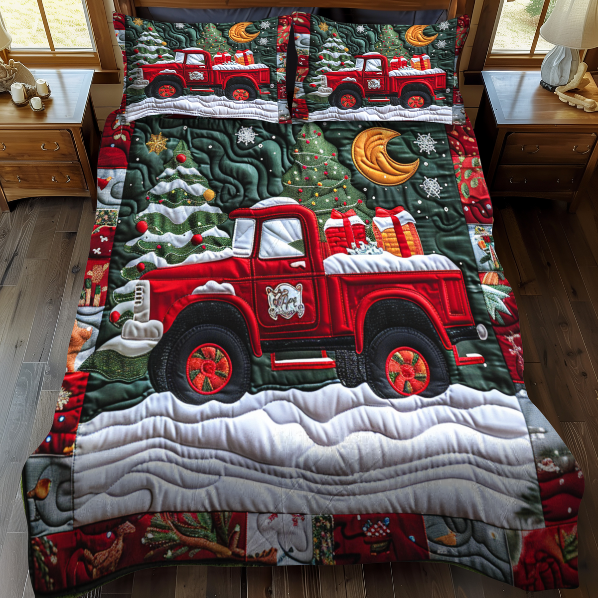 Christmas Truck quilted 3-piece bedding set on a made bed with two matching pillow shams