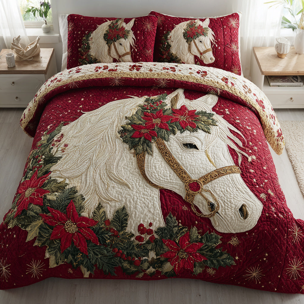 Christmas White Horse quilted 3-piece bedding set on a made bed with two matching pillow shams