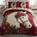 Christmas White Horse quilted 3-piece bedding set on a made bed with two matching pillow shams
