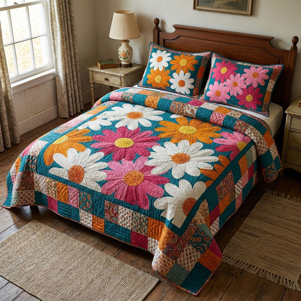 Classic Daisy Patchwork quilted 3-piece bedding set on a made bed with two matching pillow shams