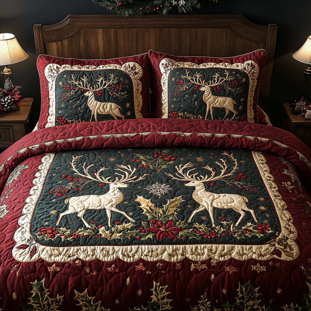 Classic Deer Haven quilted 3-piece bedding set on a made bed with two matching pillow shams