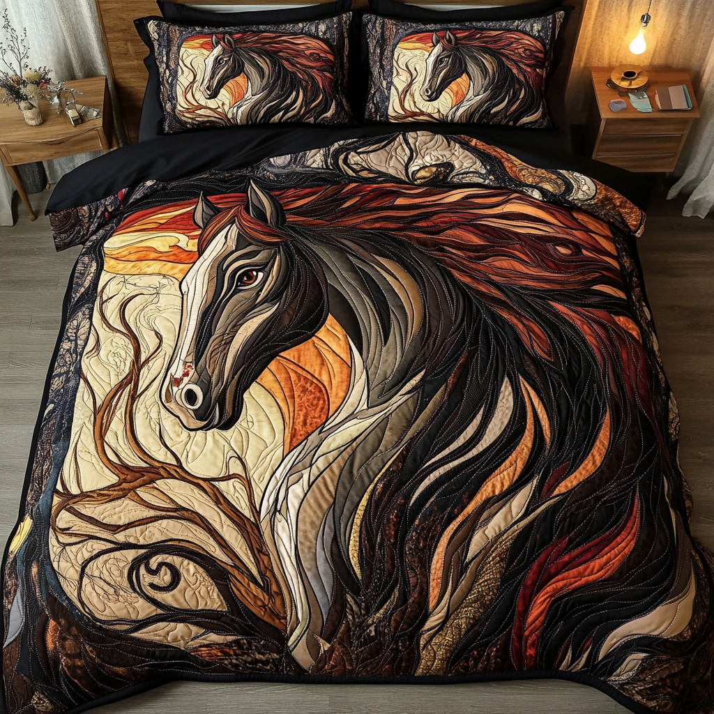 Classic Orange Golden Mane quilted 3-piece bedding set on a made bed with two matching pillow shams