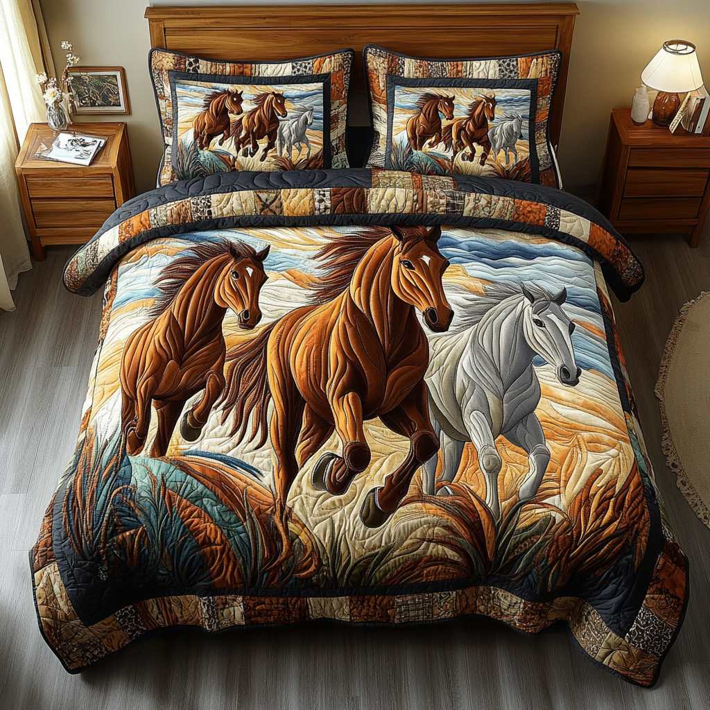 Classic Orange Wild Spirit quilted 3-piece bedding set on a made bed with two matching pillow shams