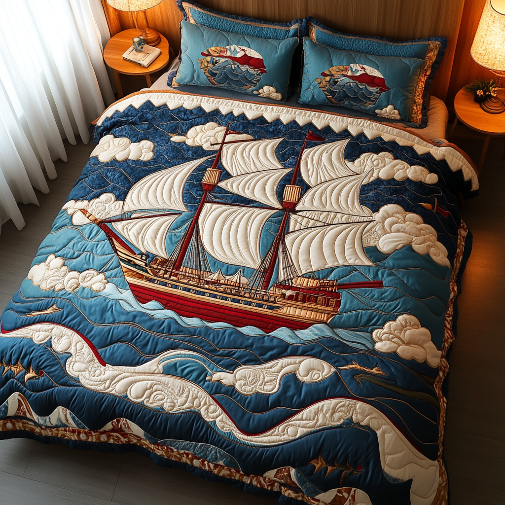 Classic Sailboat quilted 3-piece bedding set on a made bed with two matching pillow shams