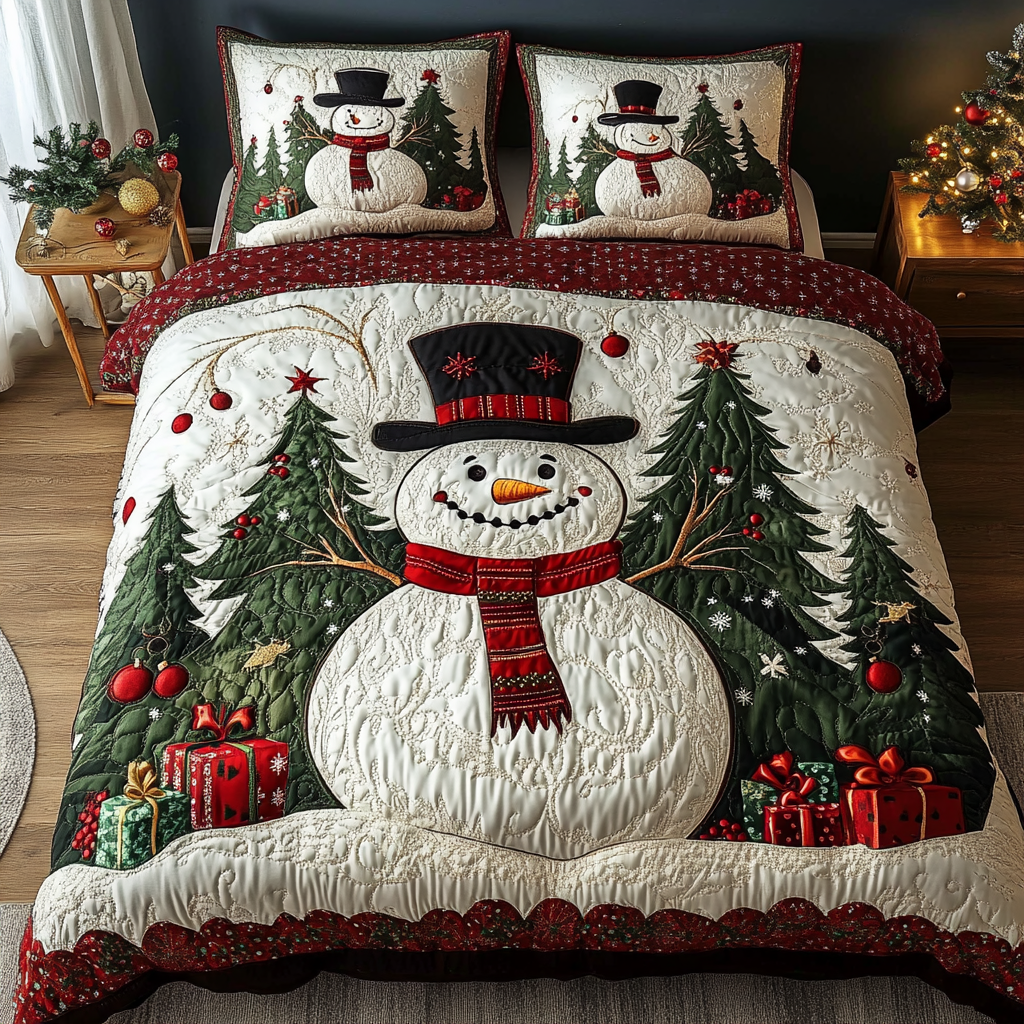 Classic Snowy Night quilted 3-piece bedding set on a made bed with two matching pillow shams