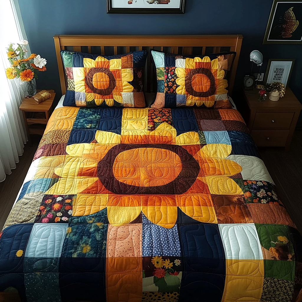 Classic Sunflower Glow quilted 3-piece bedding set on a made bed with two matching pillow shams