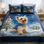 Cloudy Yorkshire Terrier quilted 3-piece bedding set on a made bed with two matching pillow shams
