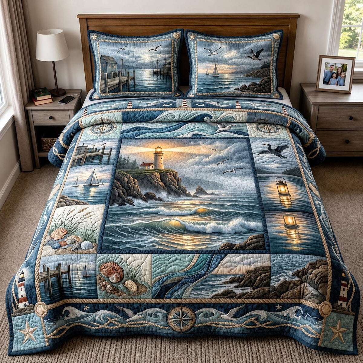 Coastal Anchor quilted 3-piece bedding set on a made bed with two matching pillow shams