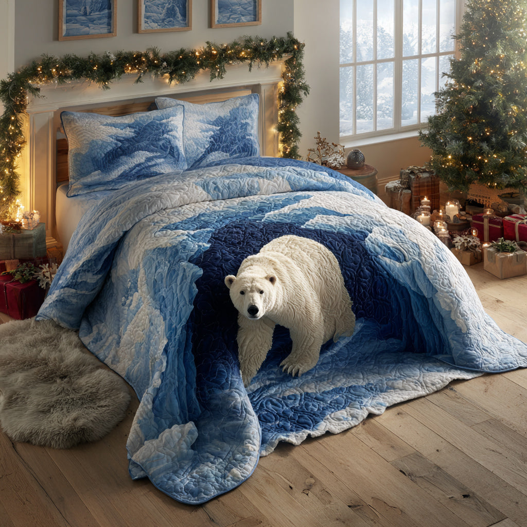 Coastal Bear Flow quilted 3-piece bedding set on a made bed with two matching pillow shams