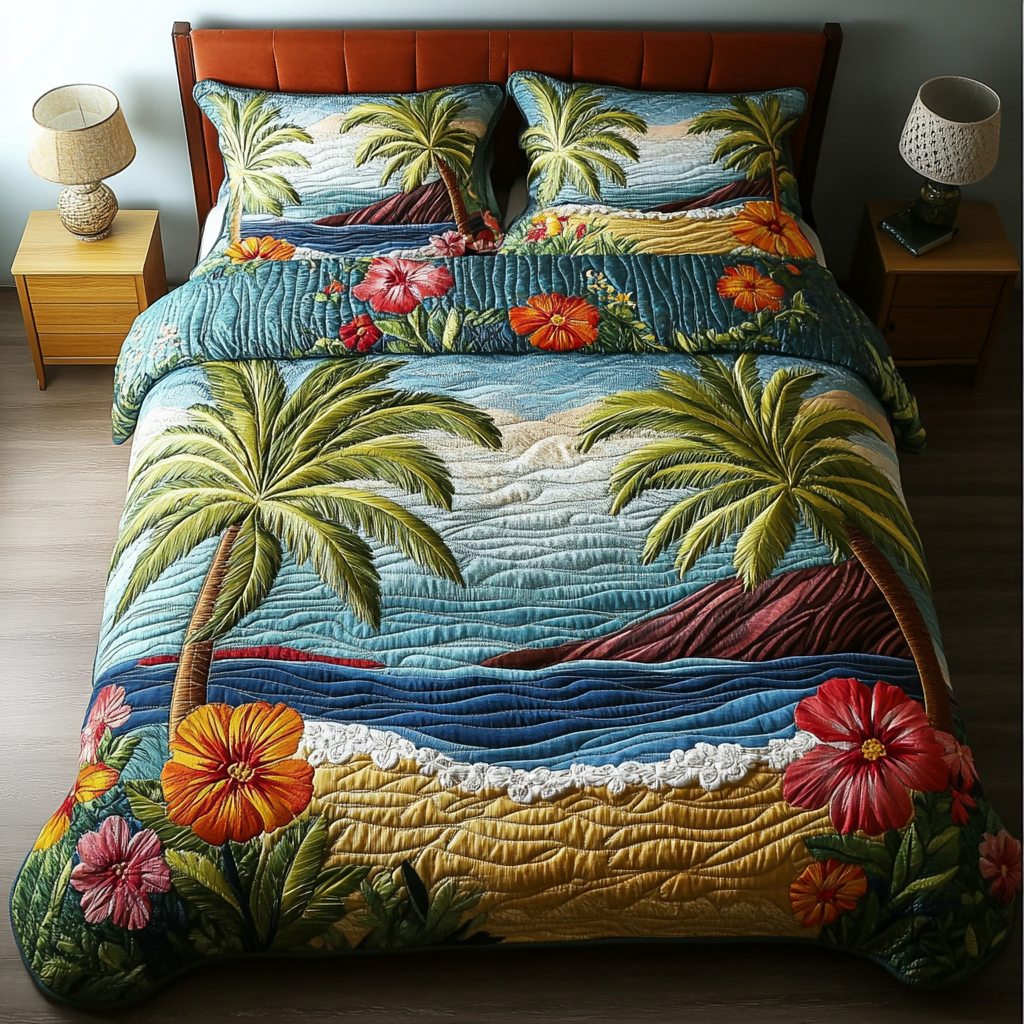 Coastal Bliss Bedspread quilted 3-piece bedding set on a made bed with two matching pillow shams